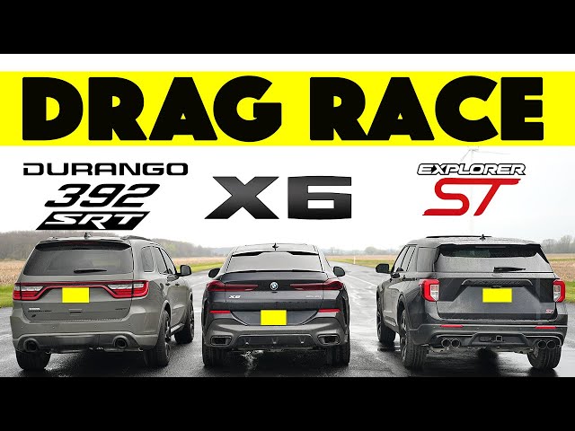 Ford Explorer ST Races BMW X6 and Dodge Durango SRT 392, things get wet. Drag and Roll Race. class=
