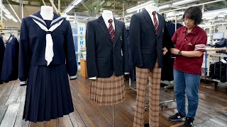 Process of massproducing school uniforms. A Japanese uniform factory with a history of 170 years