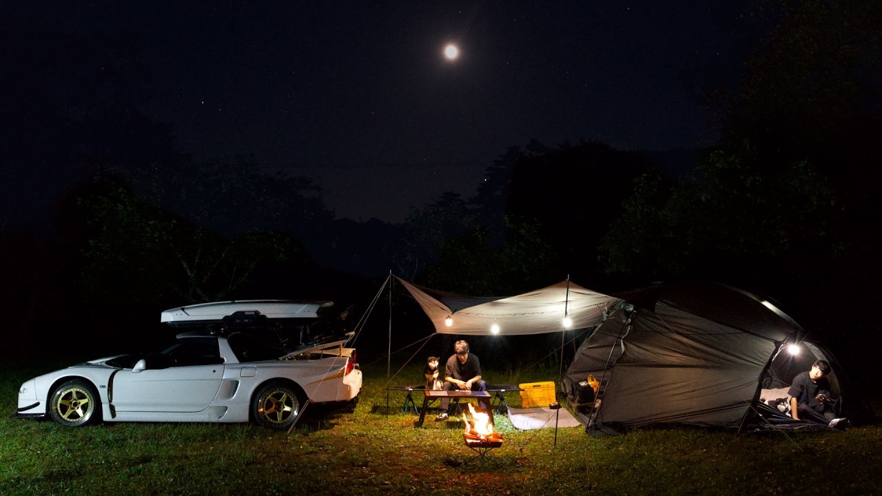 Дождливое утро, одиночный кемпинг NSX с собакой в ​​лесу, традиционные японские блюда и палатка