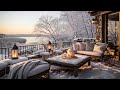 Outdoor coffee shop ambience with gentle falling snow  relaxing winter atmosphere for work study