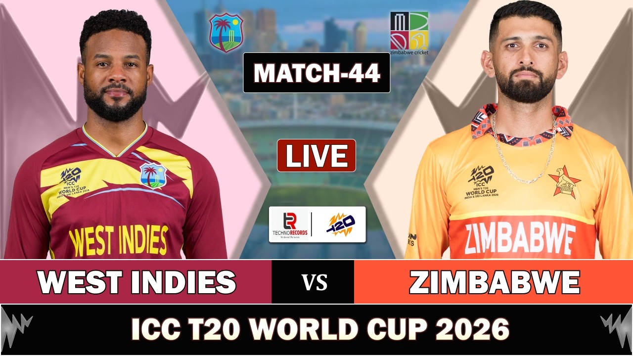 WEST INDIES vs ZIMBABWE MATCH 44 LIVE SCORES | WI vs ZIM LIVE MATCH COMMENTARY | T20 WORLD CUP 2026