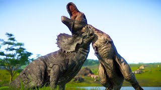 LARGE CARNIVORE & HERBIVORE DINOSAURS BATTLE ROYALE IN JURASSIC PARK  - Jurassic World Evolution