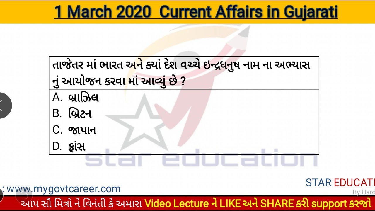 1 March 2020 Daily Current Affairs in Gujarati for GPSC - Current Affairs in Gujarati March 2020