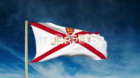 Jersey Flag Slider Style With Title. Waving In The Wind With Cloud Background