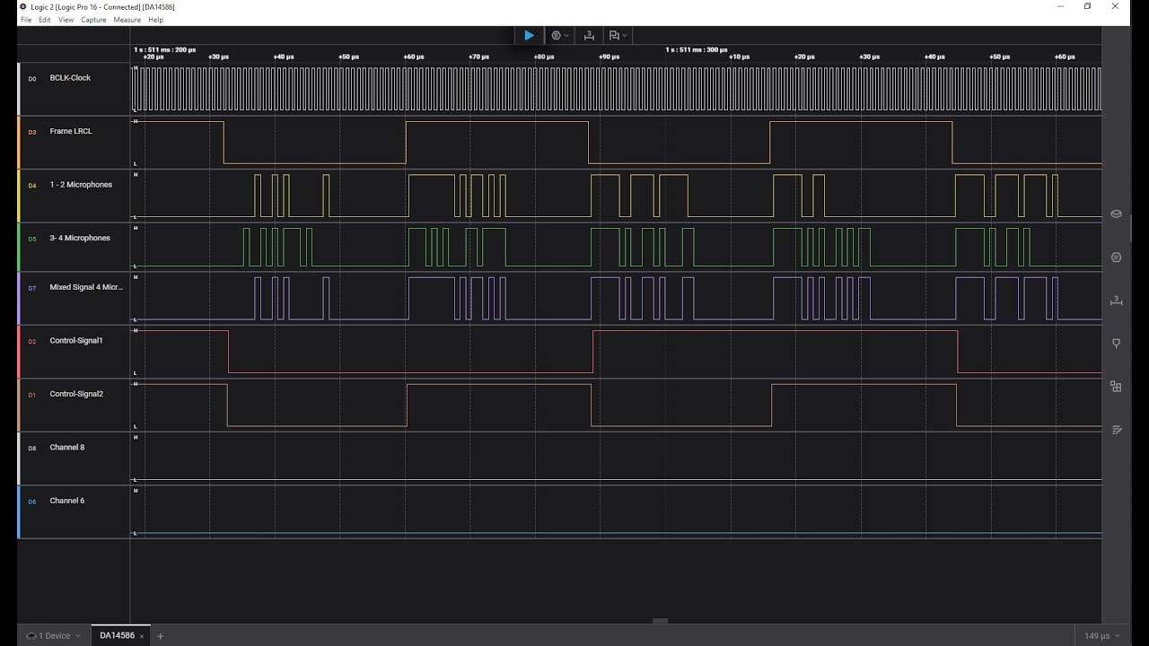 DA14586 .  4 microphones SPH0645 connected , sharing SPI devices (I2S emulation).