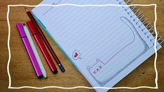تزيين الدفاتر المدرسية للبنات من الداخل على شكل قطة كيوت رسم سهل  Notebook Cute Cat Border Design