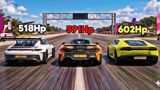 GT3 RS vs 600LT vs 우라칸 | 미친 드래그 레이스 + 최고 속도 테스트! (FH5) screenshot 2