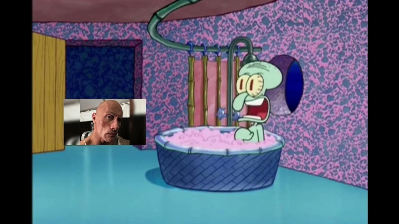 The rock sneaks in squidwards bathroom, and gets kicked out - YouTube
