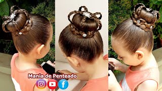 Penteado Infantil Coque em Flores de Cabelo para Festas e Formaturas, Easy  Bun Hairstyle for Girls