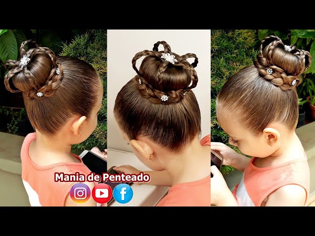 Penteado Infantil Coque em Flores de Cabelo para Festas e Formaturas, Easy  Bun Hairstyle for Girls