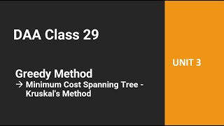 DAA Class 29 - Greedy Method - Minimum Cost Spanning Tree - Kruskal's Method