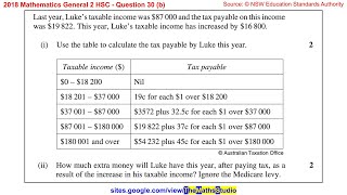 2018 Maths General 2 HSC Q30b Find income tax payable using table on original & increased salary