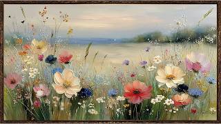 Dreamy Coastal Wildflower Painting | Soft Pastel Seaside Meadow Wall Art in Vintage Frame Wall Decor screenshot 3