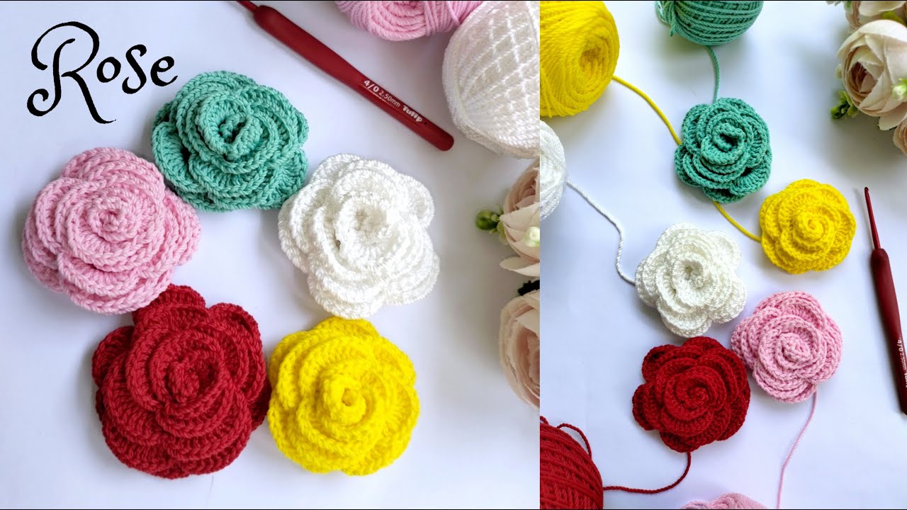 CROCHET II BUNGA MAWAR RAJUT II ROSE FLOWER CROCET II TUTORIAL CROCHET ...