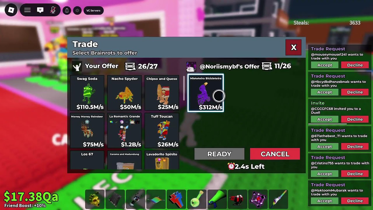 Pvping/trading steal a brainrot (not dueling because of scripters)