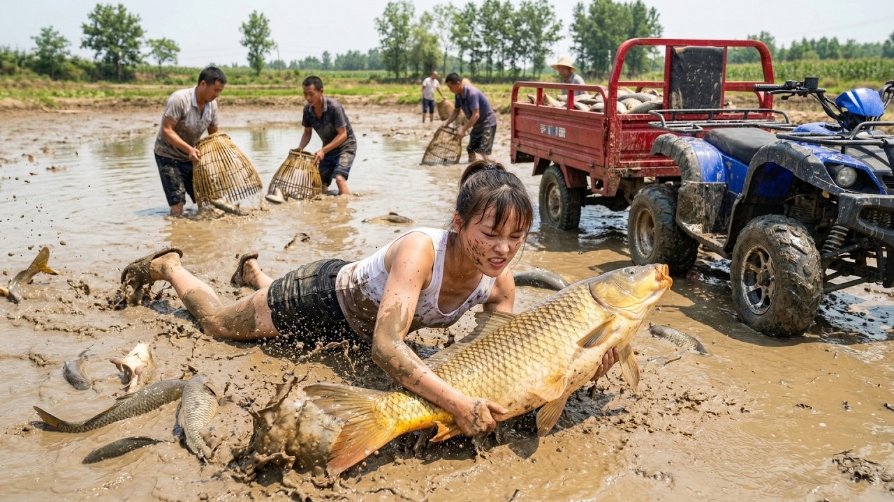Harvesting 1 Ton of Fish from a Drained Stream After Pumping Out All the Water