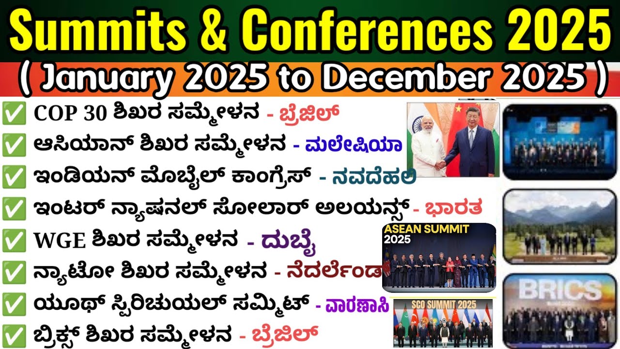 Summits and conferences 2025|Summits January 2025 to December 2025| ಪ್ರಮುಖ ಶಿಖರ ಸಮ್ಮೇಳನಗಳು 2025 