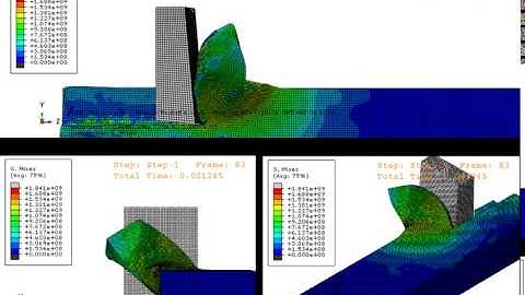 Abaqus CAE explicit orthogonal cutting 3D planing simulation Mises Stress multiple viewports