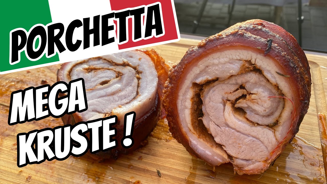 Porchetta grillen mit Drehspieß - knuspriger geht Rollbraten nicht !