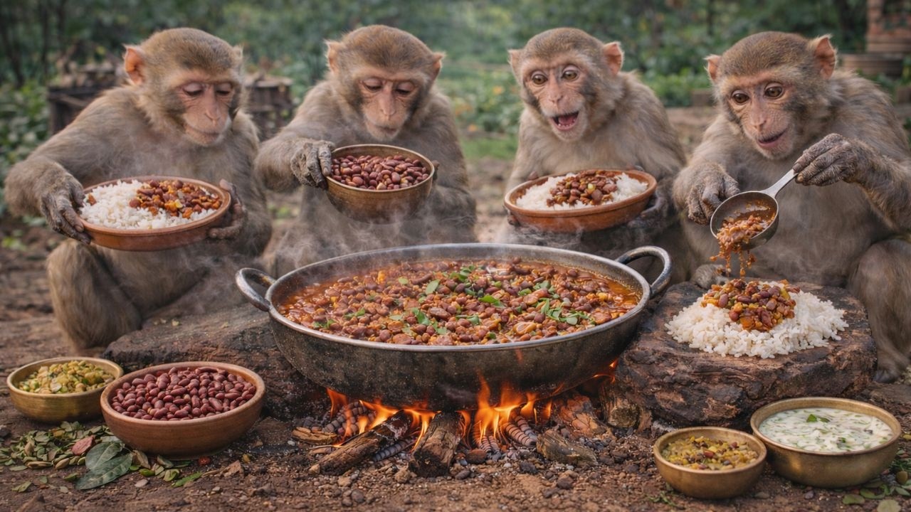 बंदरों ने देसी अंदाज़ में बनाई राजमा चावल 😱🐒🔥  Monkeys Cooked Rajma Chawal