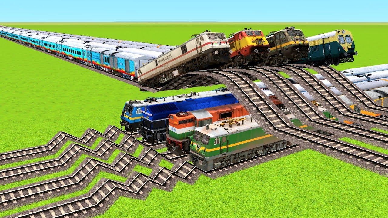 EIGHT HIGH SPEED TRAINS VS MULTIPLE BREAKERS AND RISKY POTHOLES RAILROAD|🔺️Train Simulator|Railworks