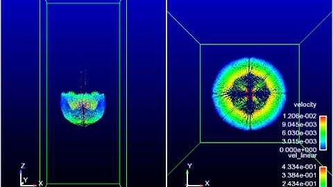 Coupled DEM+FEM Simulation - Evolution of a plume of salt particles falling in water.
