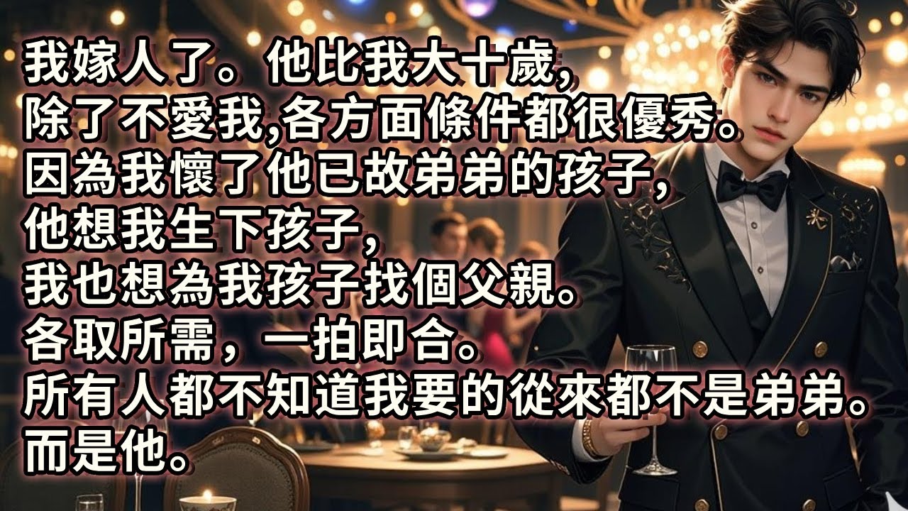 我嫁人了。他比我大十歲，除了不愛我，各方面條件都很優秀。因為我懷了他已故弟弟的孩子，他想我生下孩子，我也想為我孩子找個父親。各取所需，一拍即合。所有人都不知道我要的從來都不是弟弟。而是他。#小说