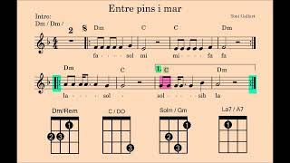 Entre pins i mar. Sí melodia. Notes Re-Sib. Entre pins i mar. Sí melodia. Notes Re-Sib.
