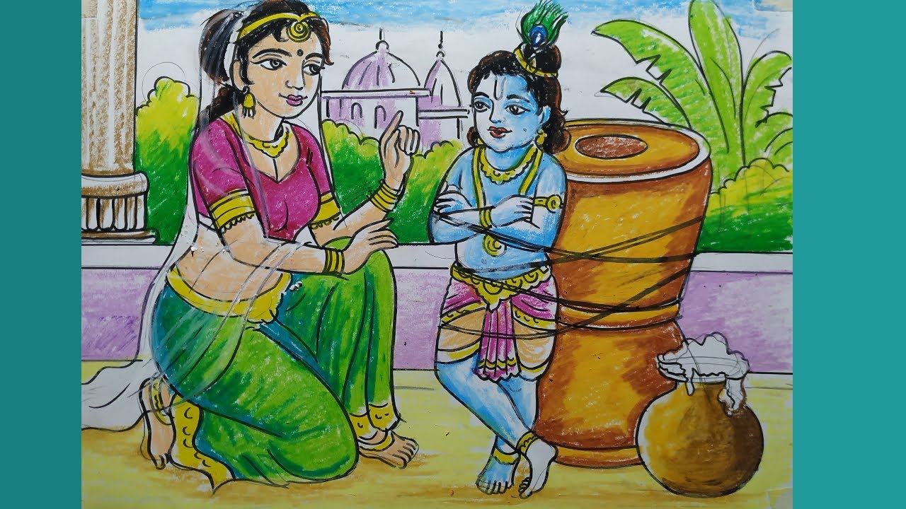 how to draw baal krishna and maa yashoda with oil pastel for happy janmashtami,lord krishna drawing