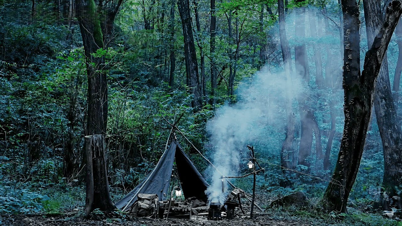 Bushcraft camping by river, building a simple tarp shelter, and cooking ...
