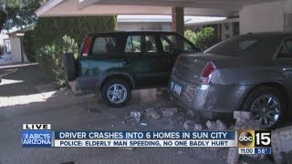 Man in his 80s crashes into homes, cars, yards in Sun City