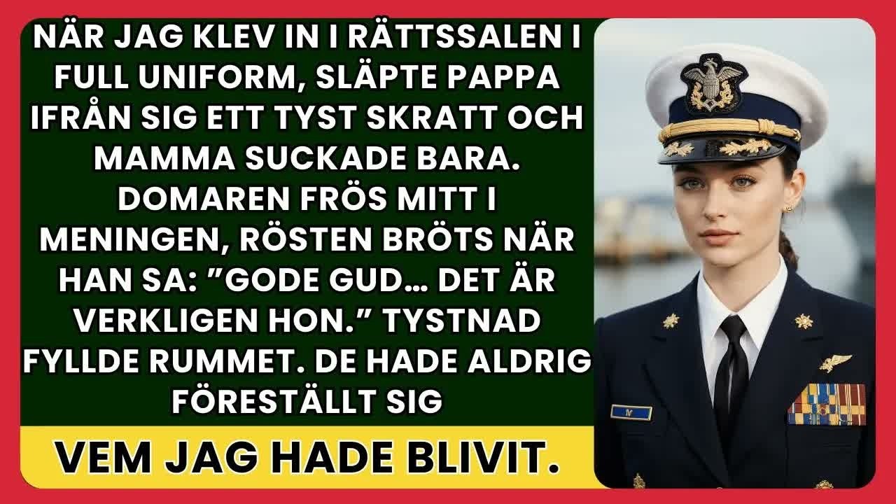 Jag stod där med metallen på uniformen som fångade ljuset i rättssalen när jag hörde det där torra, raspande skrattet bakom mig. Min fars. Följt av min mors trötta suck – samma suck hon använt...