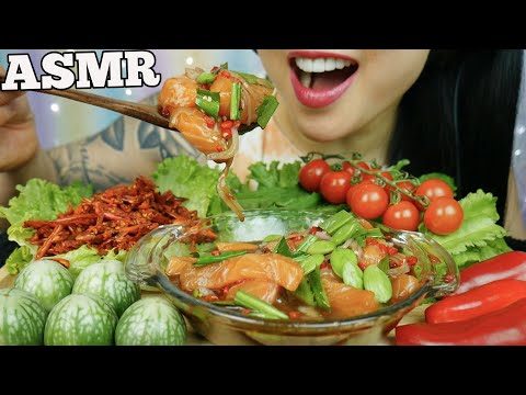 ASMR SPICY SALMON SASHIMI SALAD + PIMRYPIE SAUCE FRIED CHILI (EATING SOUNDS) NO TALKING | SAS-ASMR