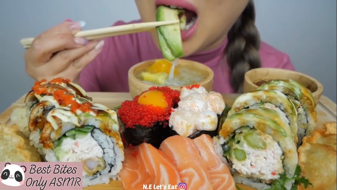 Best Bites Only ASMR | SUSHI Big Dragon Roll & Caterpillar Roll with Salmon Sashimi | NE Let’s Eat