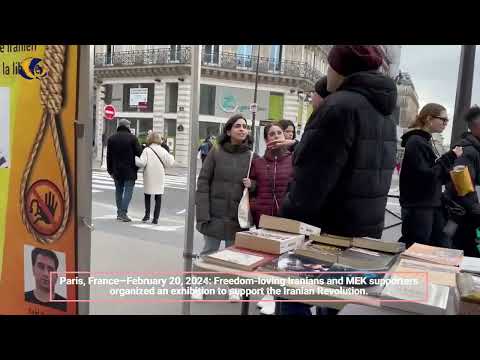 Paris—February 20, 2024: MEK supporters organized an exhibition to support the Iranian Revolution.