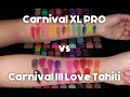 Comparison swatches--BPerfect Carnival III Love Tahiti vs Carnival XL Pro on Asian skin
