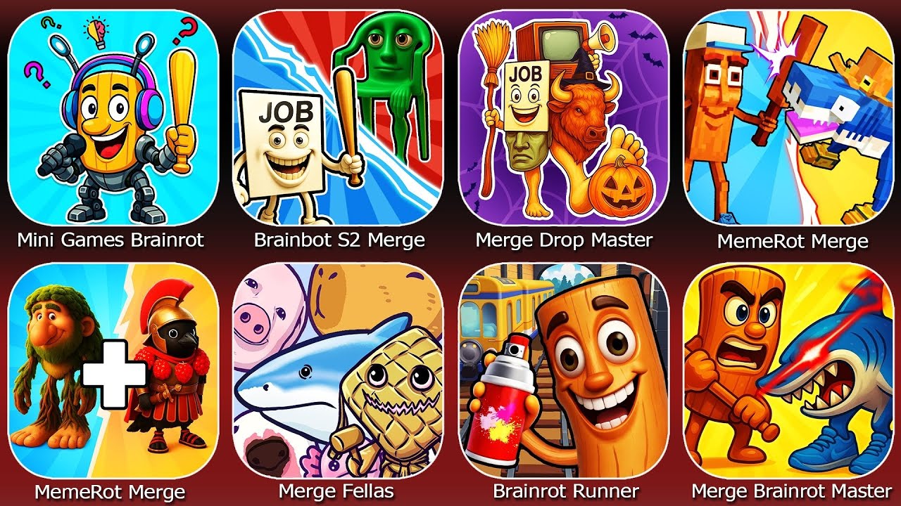 Мини-игры Brainrot Challenge, Brainrot Runner, Merge Fellas, Brainbot S2 Merge Battle, Merge Drop...