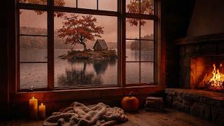 Relaxing Autumn Rain by the Lake|Rain on Window,Warm Candlelight, Pumpkin for Study & Deep Sleep