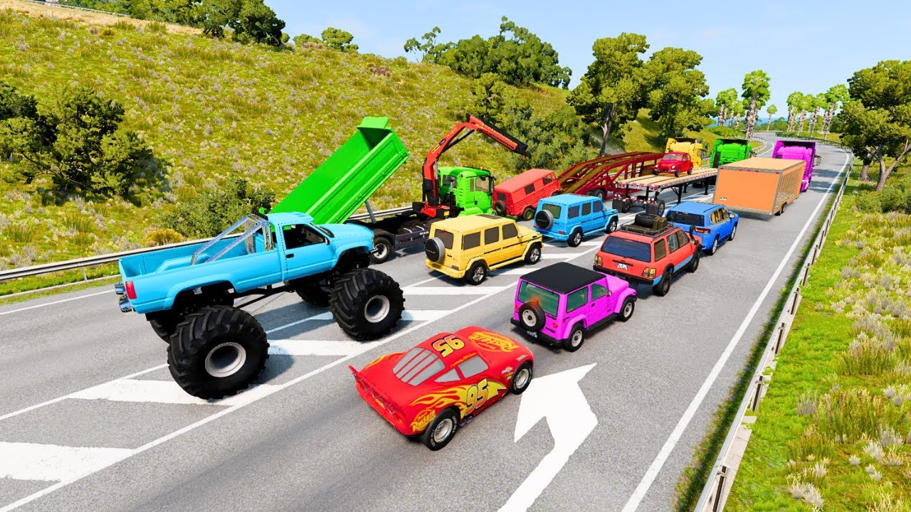 Quadruple Trucks Transporting cars with Flatbed Trailers | Cars vs Speedbump vs Train vs Pothole