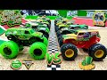 Toy diecast monster truck racing tournament  st patricks day green  gold monsterjam matchup