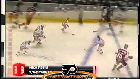 Ron Sutter buried by Nick Fotiu Philadelphia Flyer...