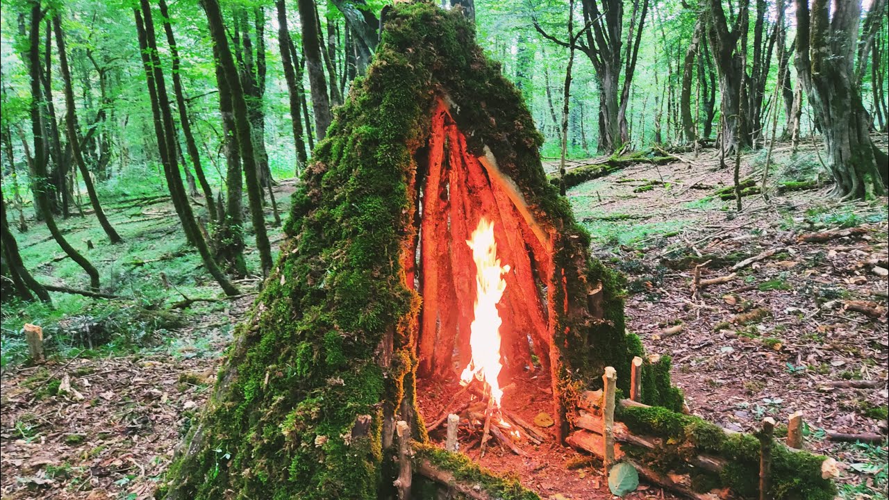 Build warm survival shelter in the forest (with my father) - YouTube
