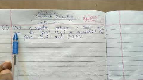 Find a relation x and y such that the point (x,y) is equidistant from the  point (3,6) and  (-3,4).