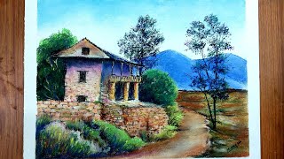 soft pastel drawing old house in the mountain landscape screenshot 3