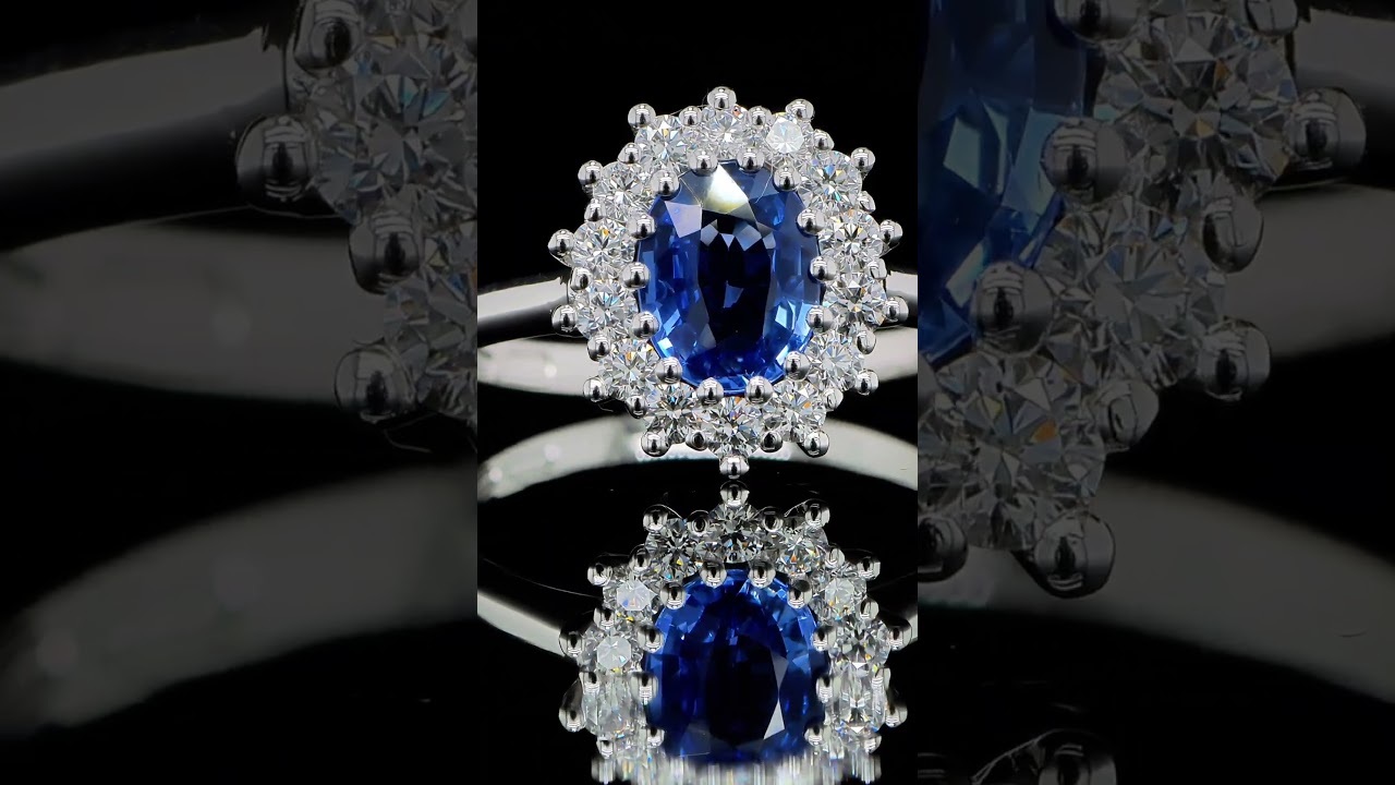 Oval Sapphire Halo Ring In 18K White Gold With 1.01 Ct Sapphire Center - Orogem Jewelers