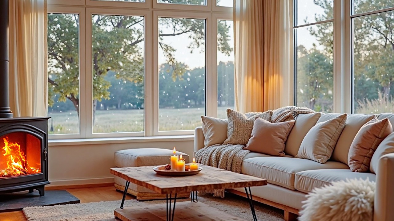 Peaceful Winter Piano with Snow Falling Outside White Cozy Room | Fireplace Glow & Relaxing Music