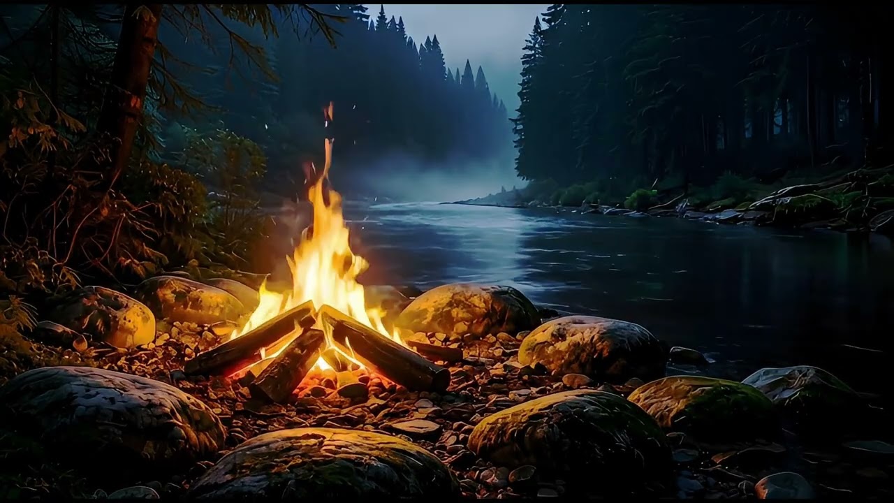 Calm Campfire by the River at Night 🔥🌲 | Relaxing Fire & Water Sounds for Sleep