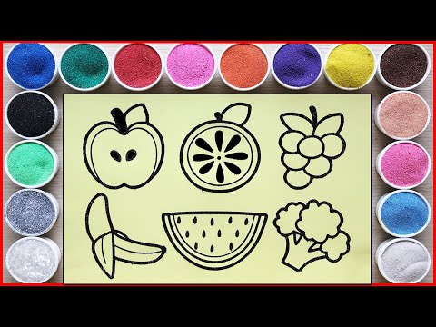 Hình Tô Màu Trái Cây - Tô màu tranh cát 6 loại trái cây, chuối, cam, táo, nho, dưa hấu - Sand painting fruits (Chim Xinh)