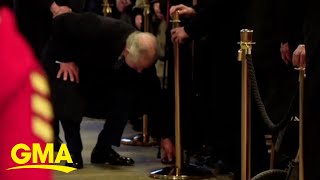 King Charles III picks up person's cane during UK Parliament visit l GMA