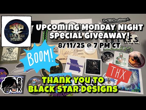 A special Black Star Designs Apex Arc knife giveaway announcement for Monday, 8/11/25, @ 7 PM CT!